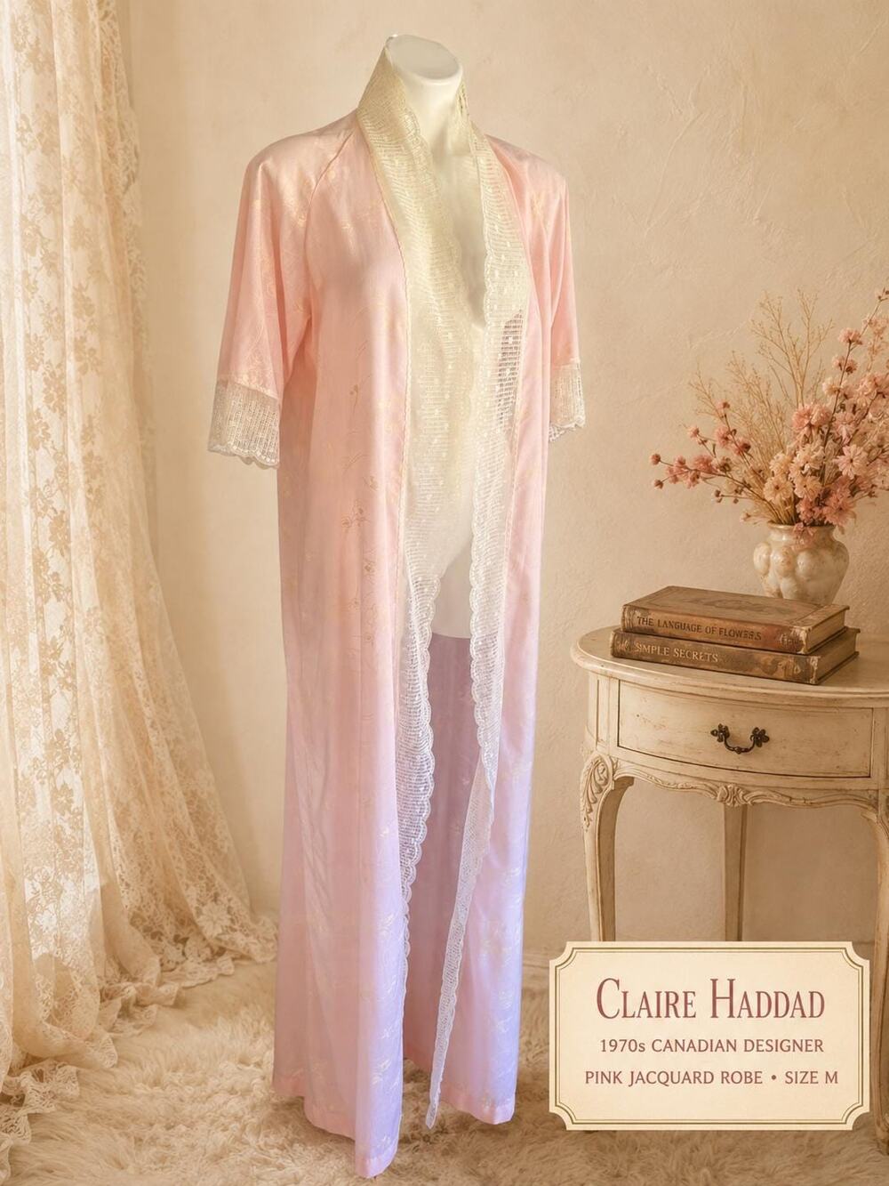 Vintage Designer Claire Haddad 1970s Pink Floral Jacquard Lace Trim Robe Sz M